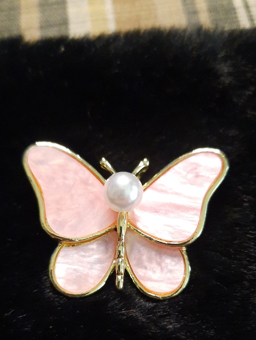 Gold Butterfly Pin with Pink Enamel and Pearl Accent